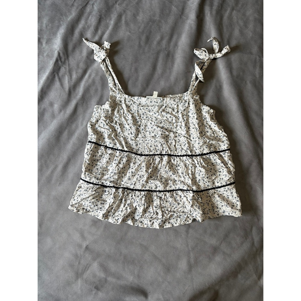 Studio B by Bobeau Floral Tie Strap Tiered Ruffle Tank Top White Black Small